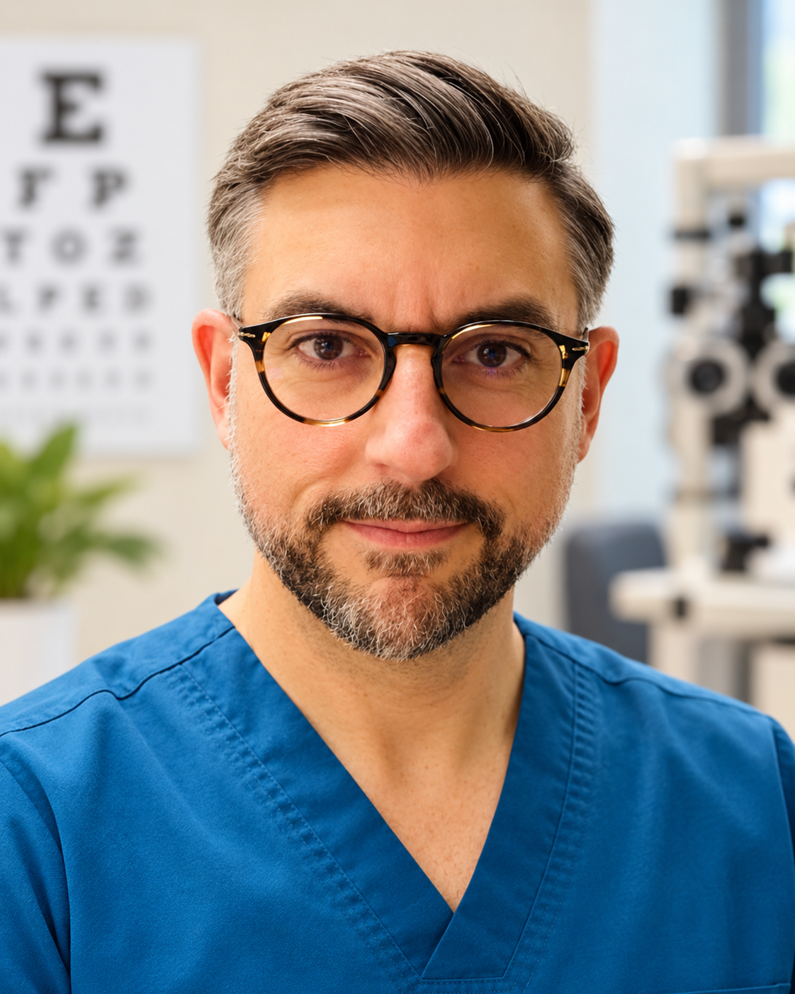 Dr. Erick Sirignano wearing blue scrubs in the eye examination room