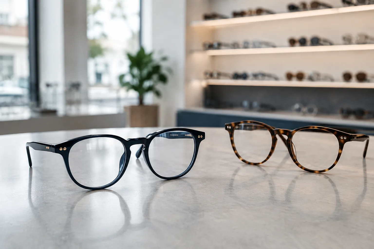 Illustrative eyeglass frames on an optical countertop